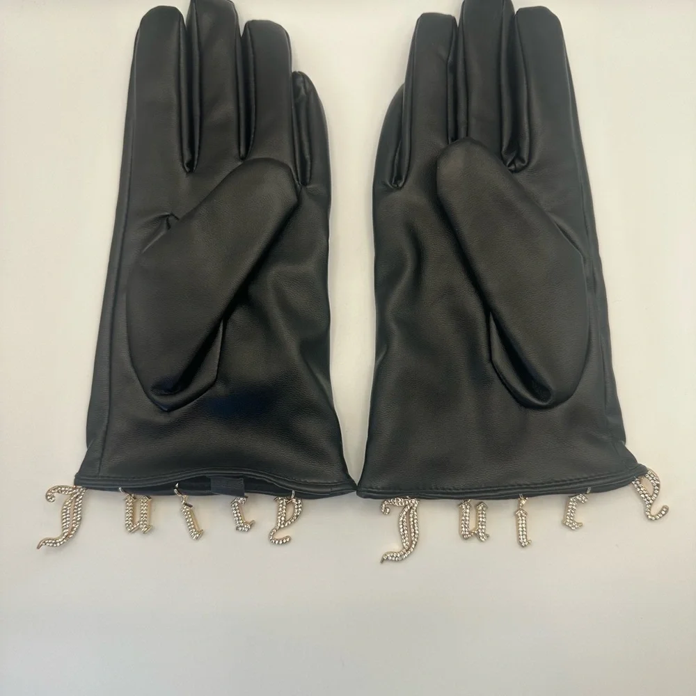 Juicy Couture Black Gloves Gold Rhinestone Dangle Bling Charm Faux Leather Y2K